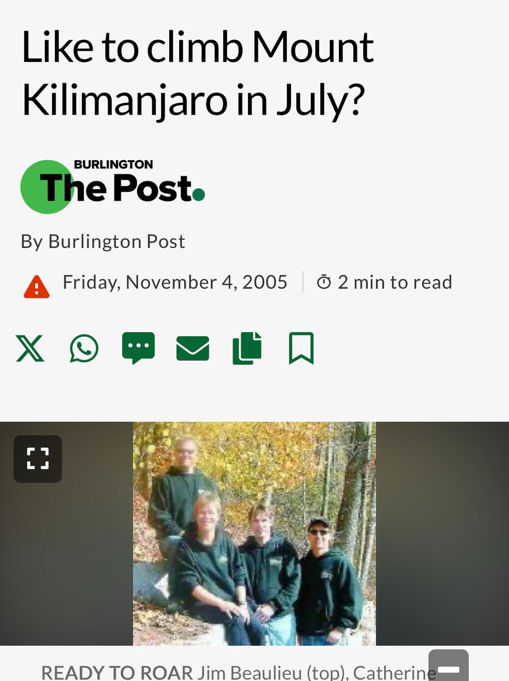 ROAR Up Kilimanjaro – Burlington Post – 2006 Burlington Post feature on Paul DeAngelis and the ROAR Up Kilimanjaro expedition in 2006