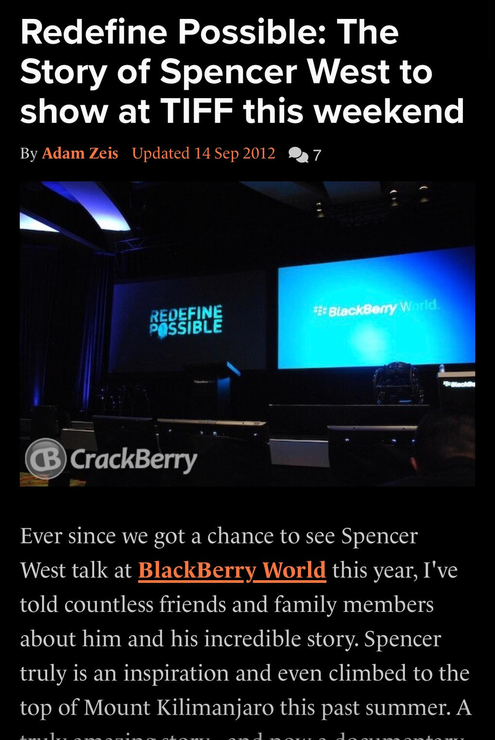 CrackBerry coverage of Spencer West’s Redefine Possible documentary screening at TIFF in 2012, recognizing Paul DeAngelis as his Kilimanjaro climbing guide