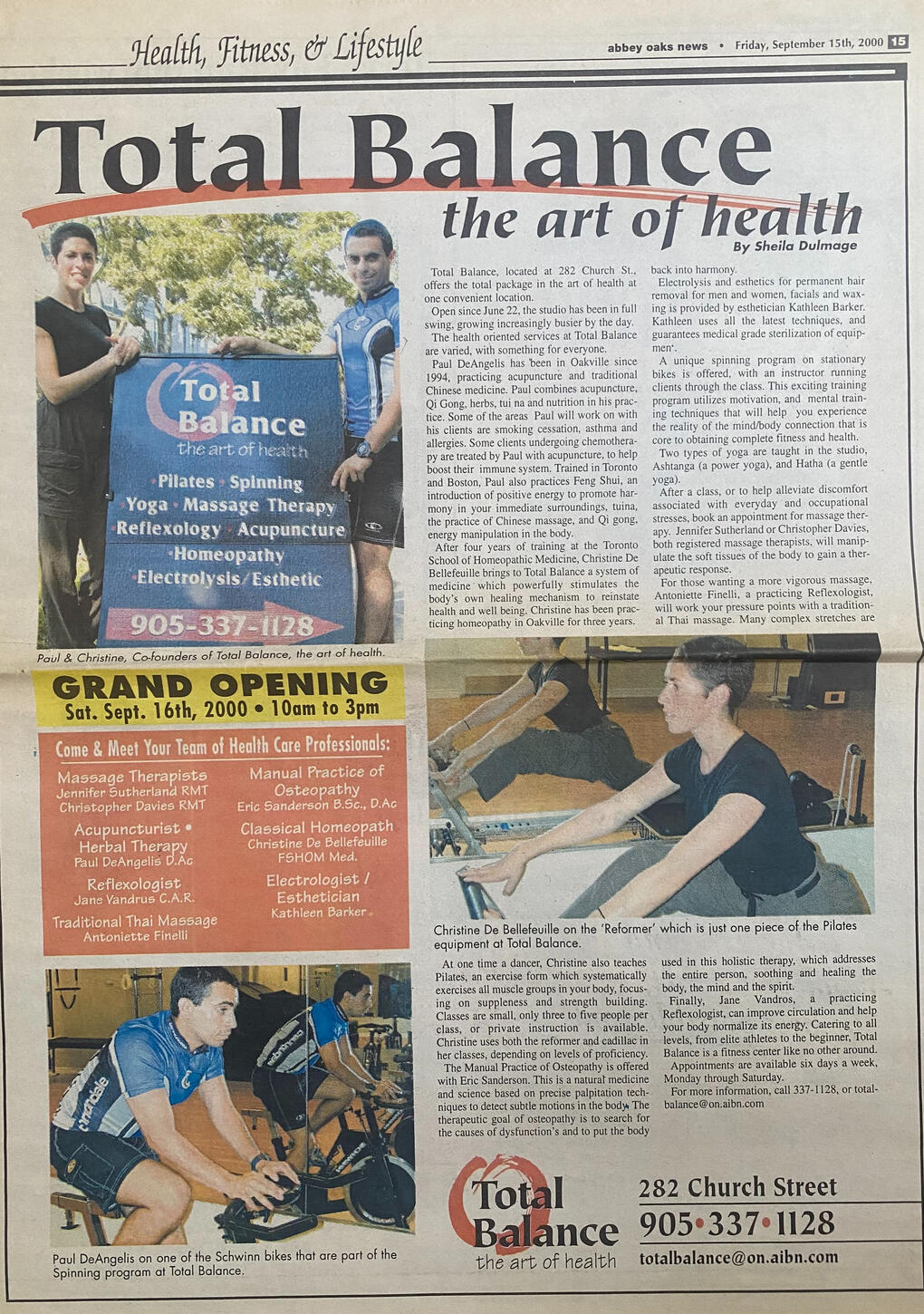Total Balance newspaper feature about Paul DeAngelis and Christine De Bellefeuille in Oakville in 2000